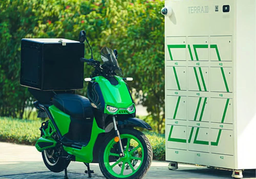 1. “Dubai electric bike battery swapping station with delivery fleet”