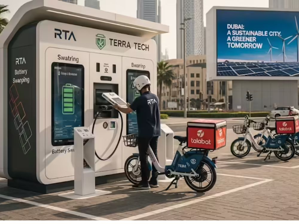 Delivery rider replacing battery at Dubai electric bike battery swapping station.
