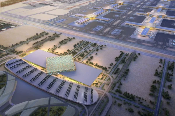 Aerial view of Al Maktoum International Airport expansion in Dubai.