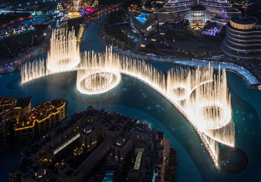 1. "Dubai Fountain reopening with vibrant water and light show"