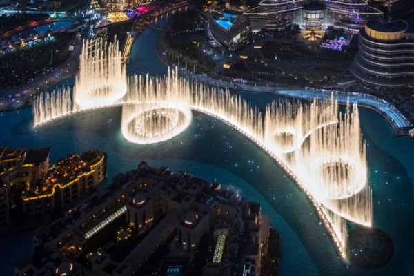 1. "Dubai Fountain reopening with vibrant water and light show"
