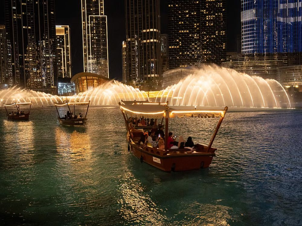 Evening view of Dubai Fountain reopening.