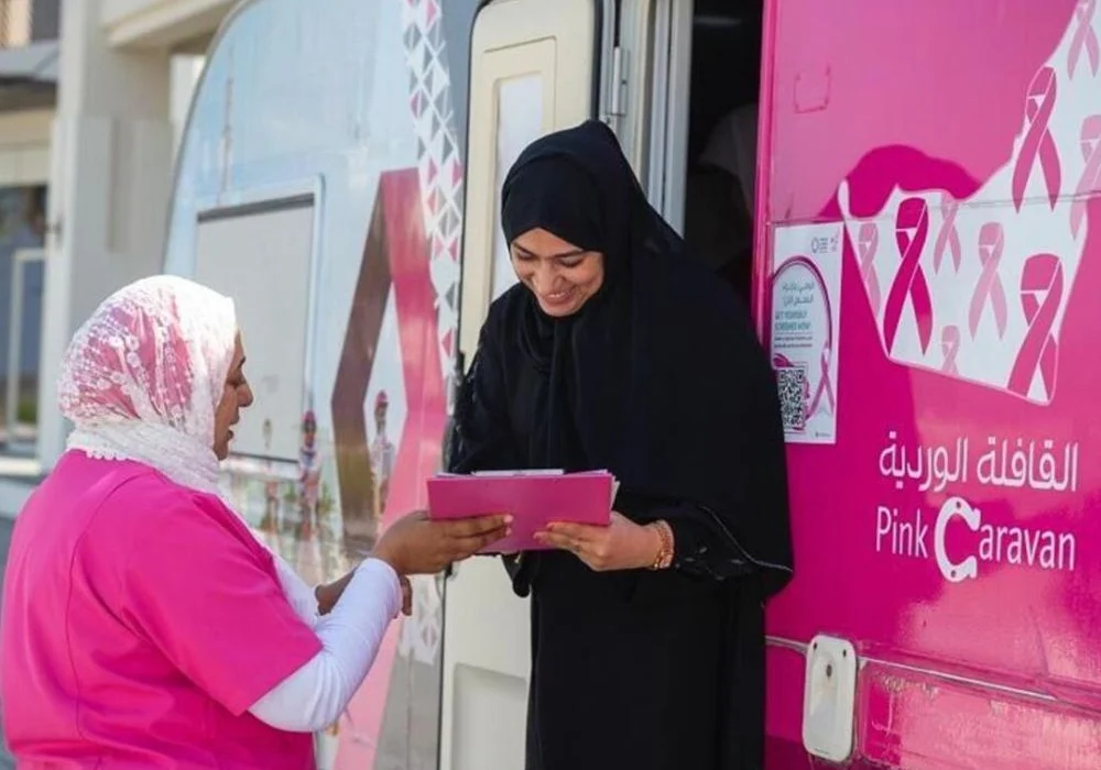 “Women getting free breast cancer Awareness measures during Sharjah Pink Caravan campaign”