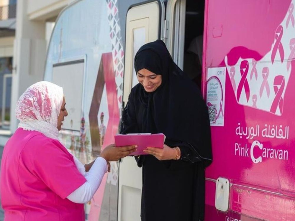 “Women getting free breast cancer Awareness measures during Sharjah Pink Caravan campaign”