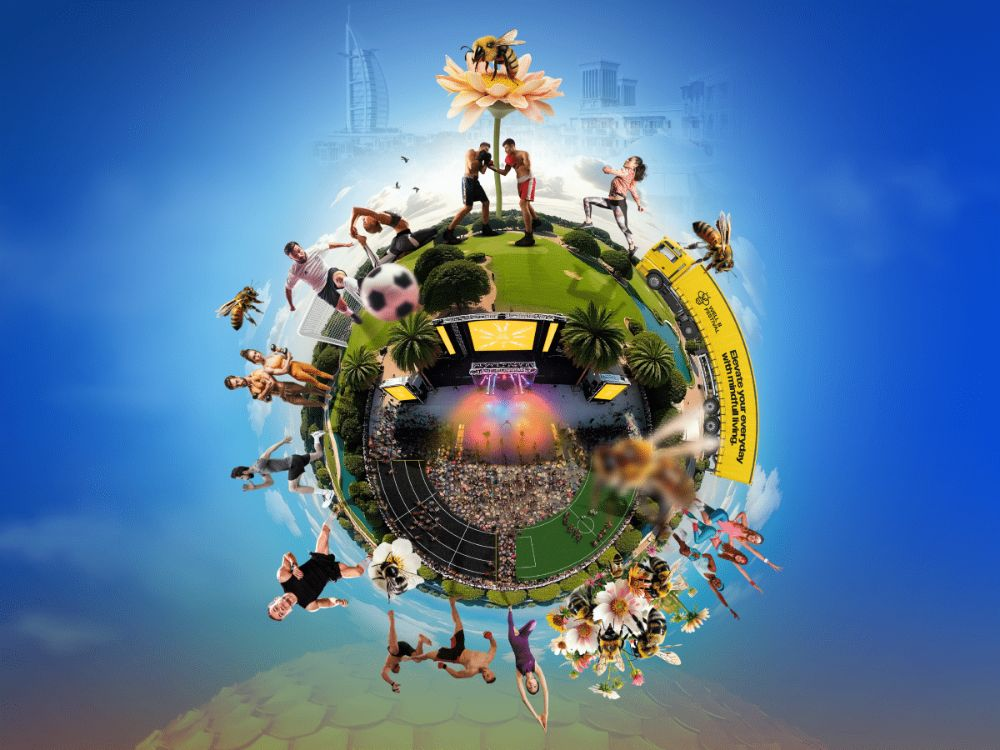 4. “Aerial view of Bee-Themed Fitness Festival Dubai.”