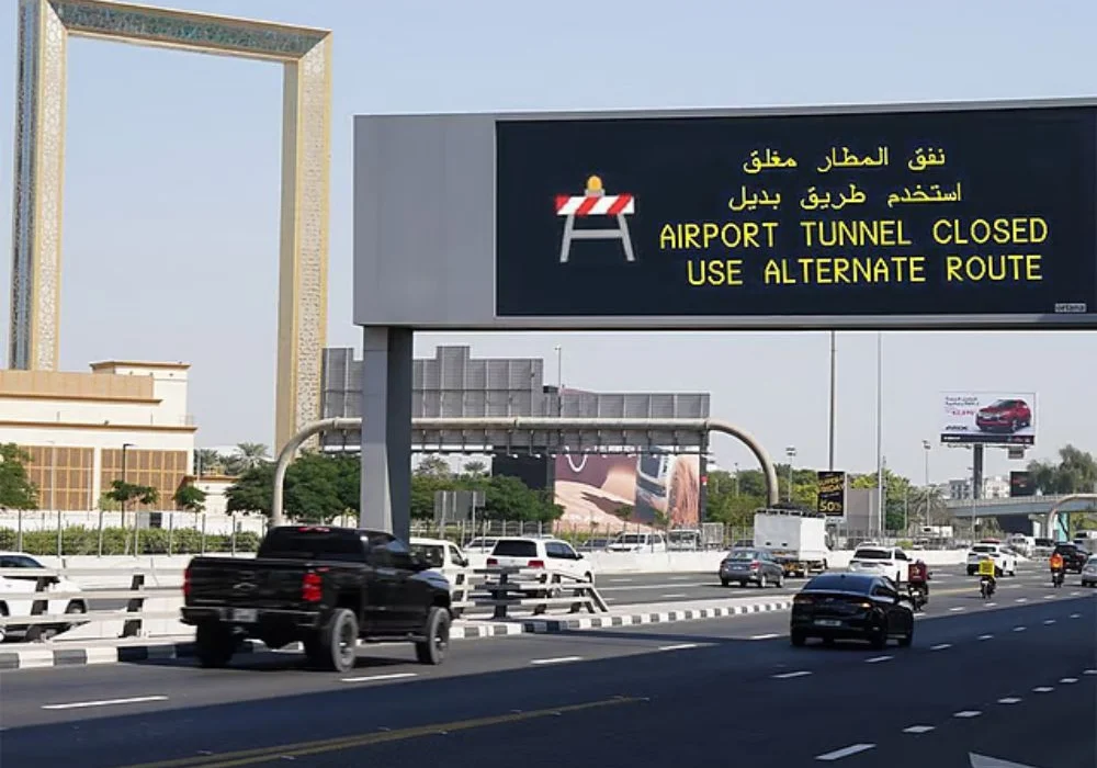 Dubai Dynamic Message Signs System displaying traffic updates.