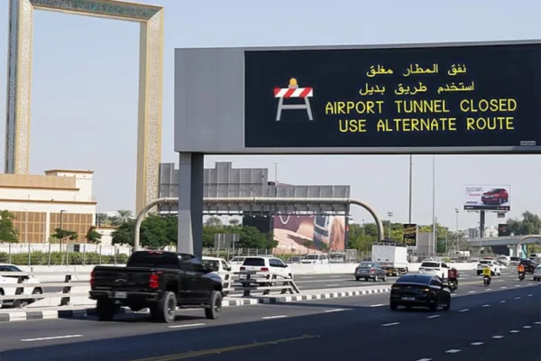 Dubai Dynamic Message Signs System displaying traffic updates.
